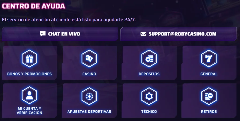 Roby Casino centro de ayuda con chat en vivo, correo y categorías de soporte