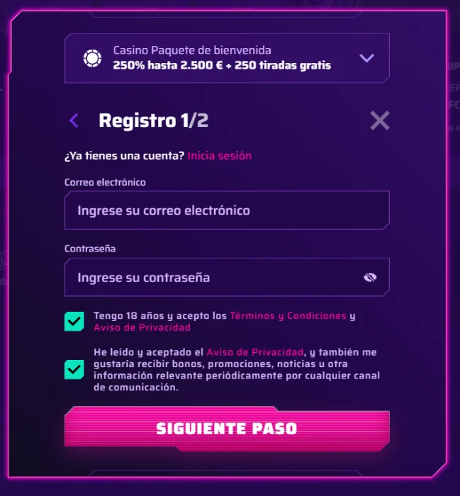 Roby Casino formulario de registro con selección del paquete de bienvenida