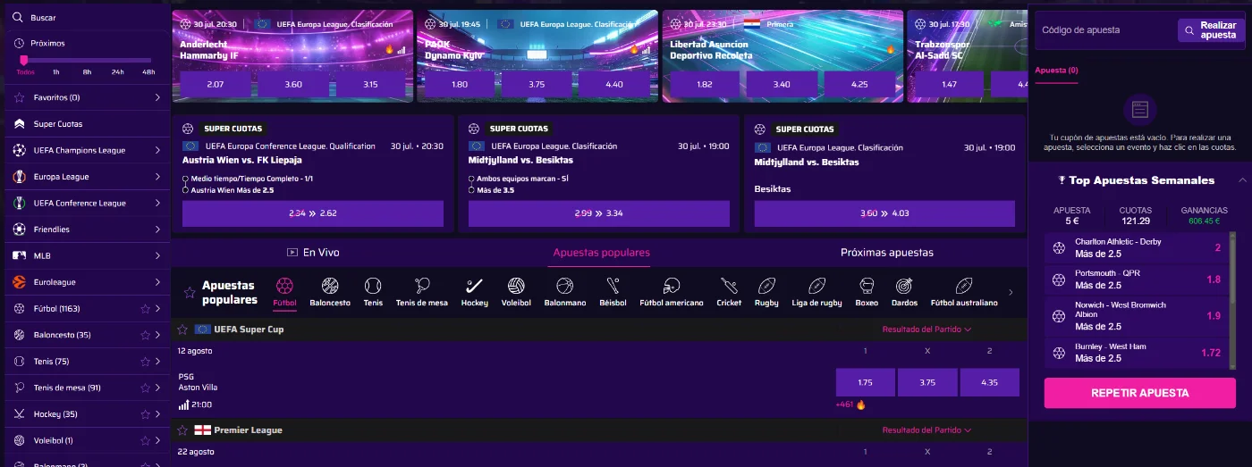 Roby Casino sección de apuestas deportivas con cuotas en vivo y eventos internacionales